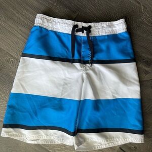 Old Navy Boys Small 6/7 Swim Trunks Board Shorts White Blue Black Stripes Lined